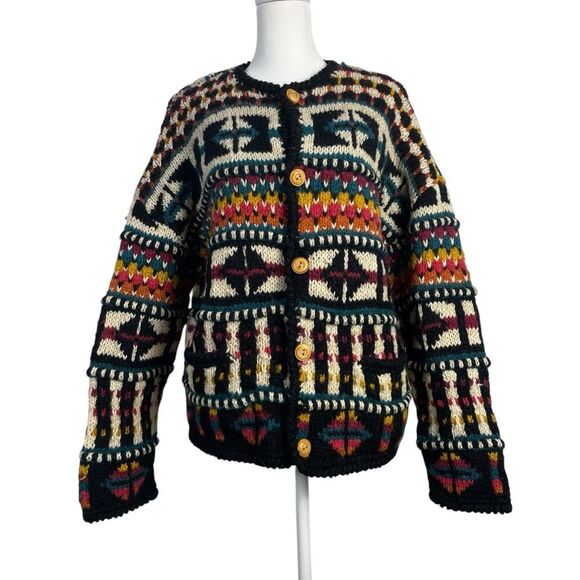 Express Vintage Tricot Chunky 3-D Hand Knit Wool Cardigan Sweater Size Small 90s - Picture 1 of 13